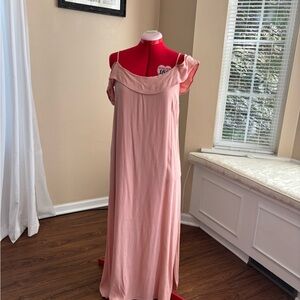 Blush colored off shoulder dress, adjustable straps. Side slit w/keyhole opening